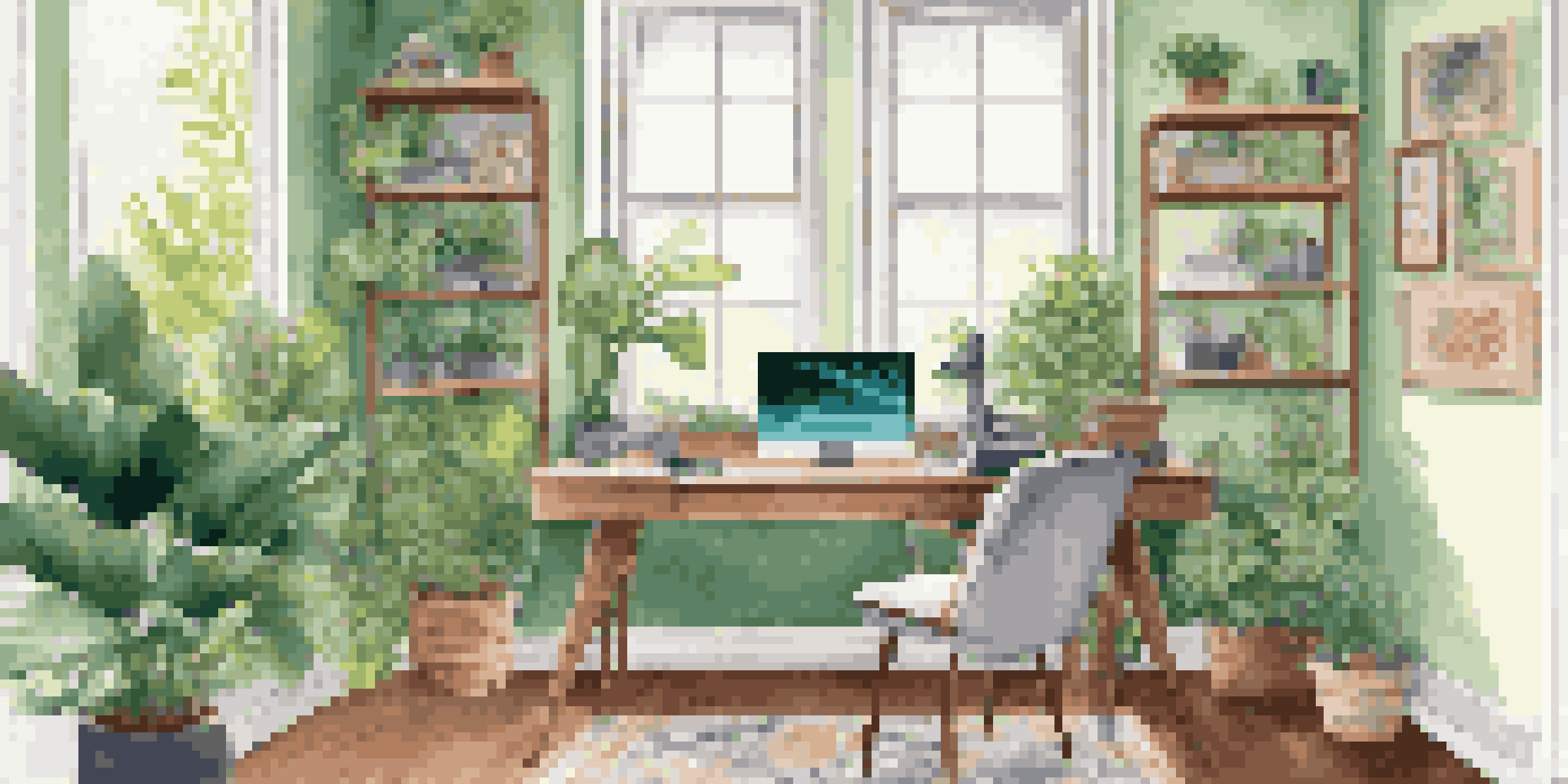 A comfortable home office with a desk, ergonomic chair, and plants, illuminated by natural light.