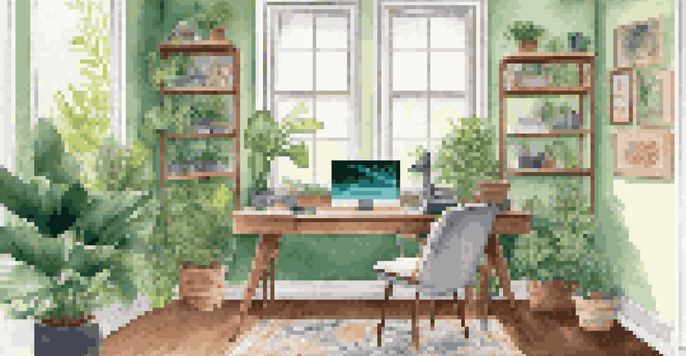 A comfortable home office with a desk, ergonomic chair, and plants, illuminated by natural light.