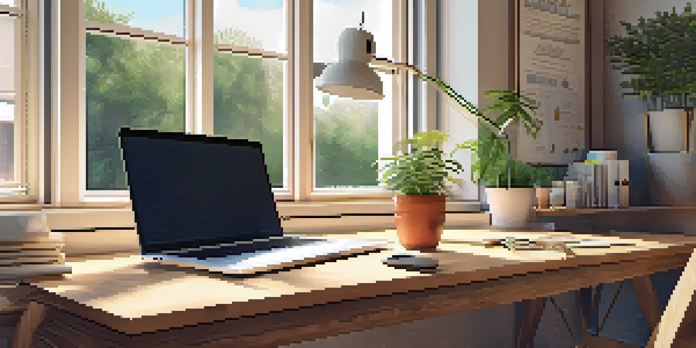 A bright office workspace with a desk, laptop, and potted plant, designed for creativity and collaboration.