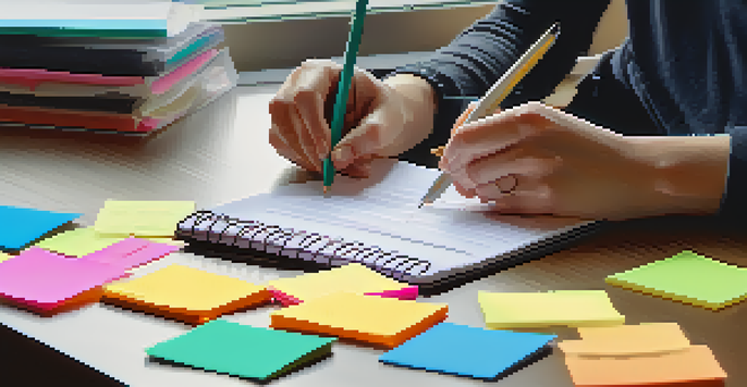 A person writing an action plan on a notepad with colorful sticky notes and a laptop in a well-lit room.