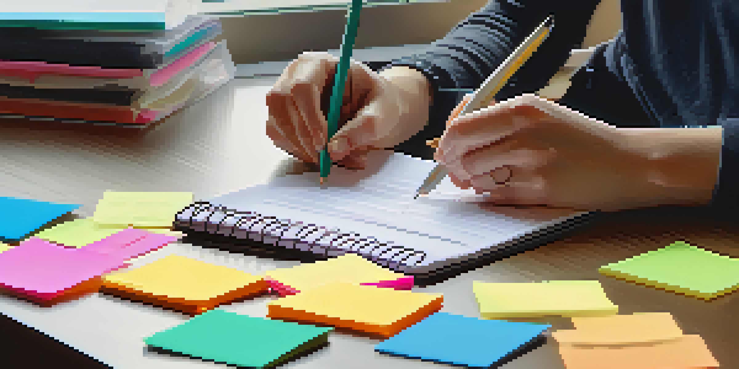 A person writing an action plan on a notepad with colorful sticky notes and a laptop in a well-lit room.