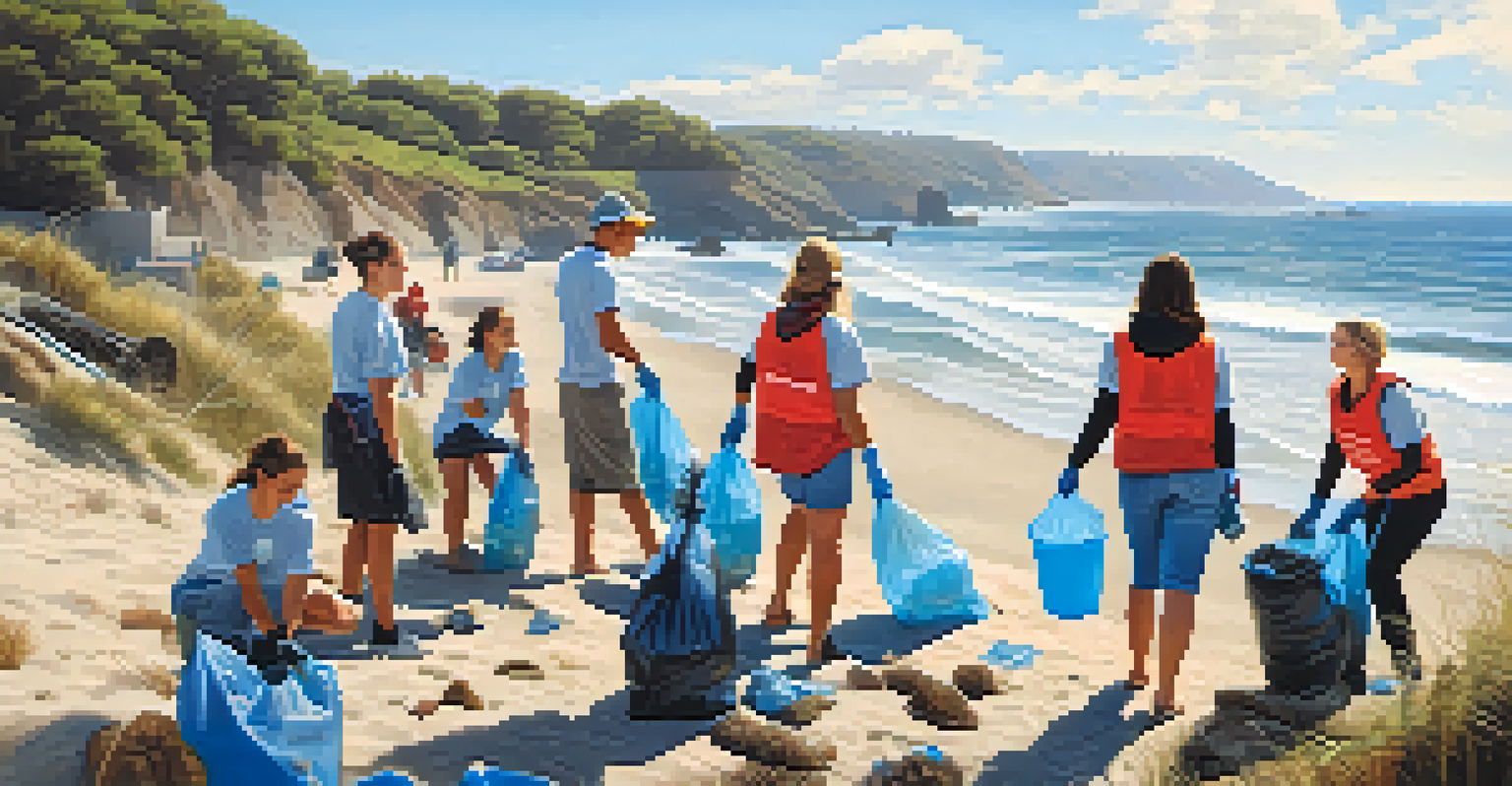 Volunteers cleaning a beach, collecting litter while enjoying the beautiful coastline and clear blue skies.