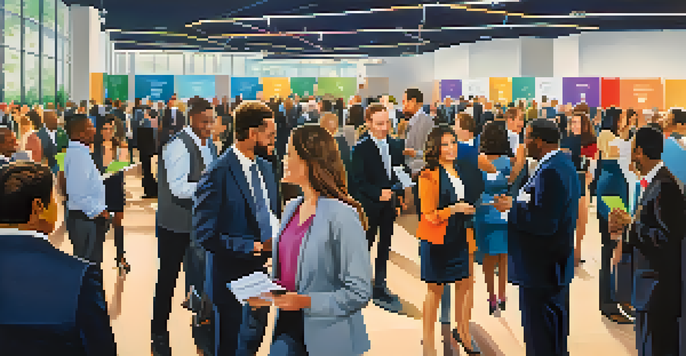 A busy networking event in a conference hall with attendees interacting, exchanging business cards, and showcasing diverse backgrounds in business attire.