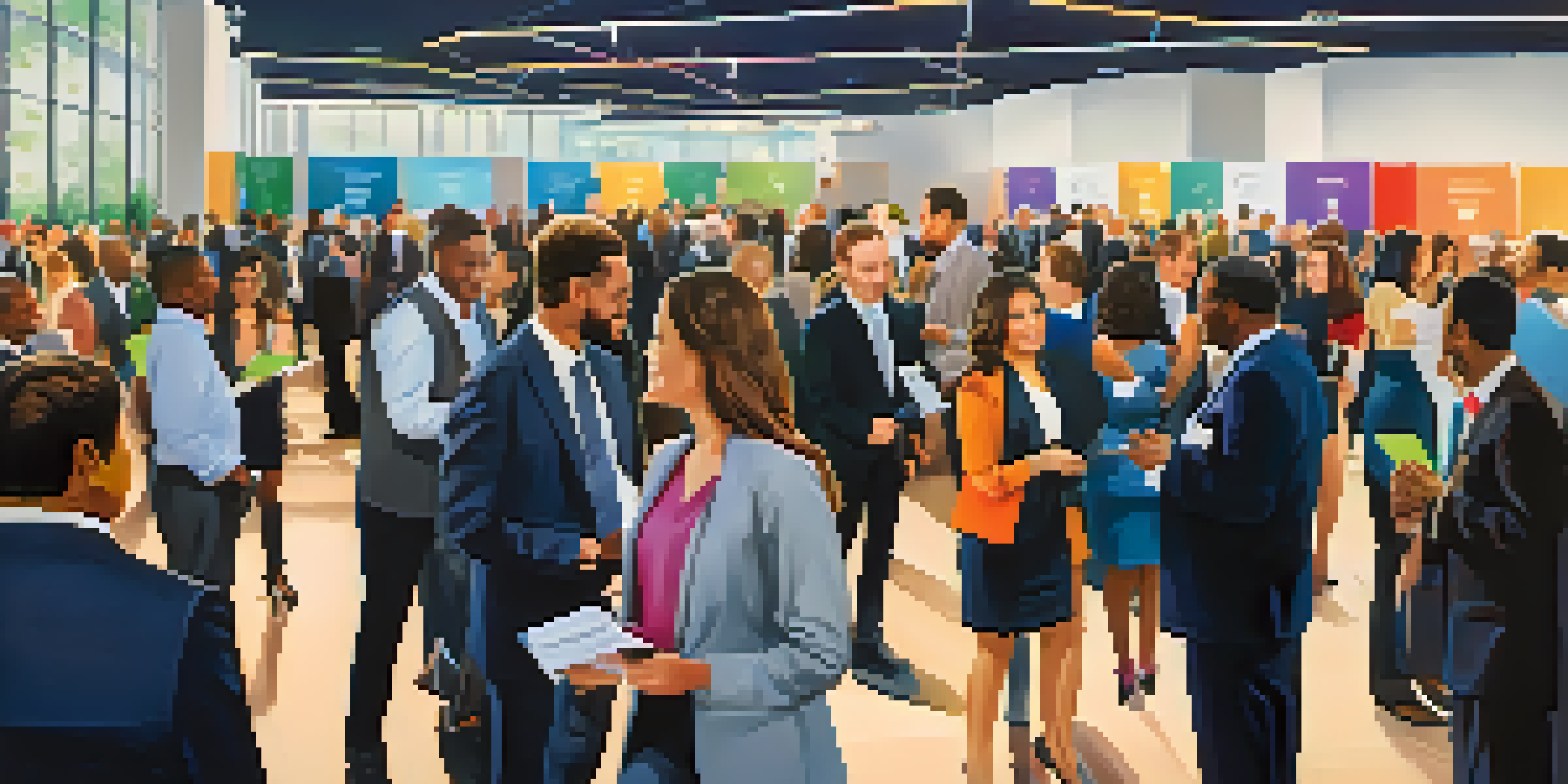 A busy networking event in a conference hall with attendees interacting, exchanging business cards, and showcasing diverse backgrounds in business attire.