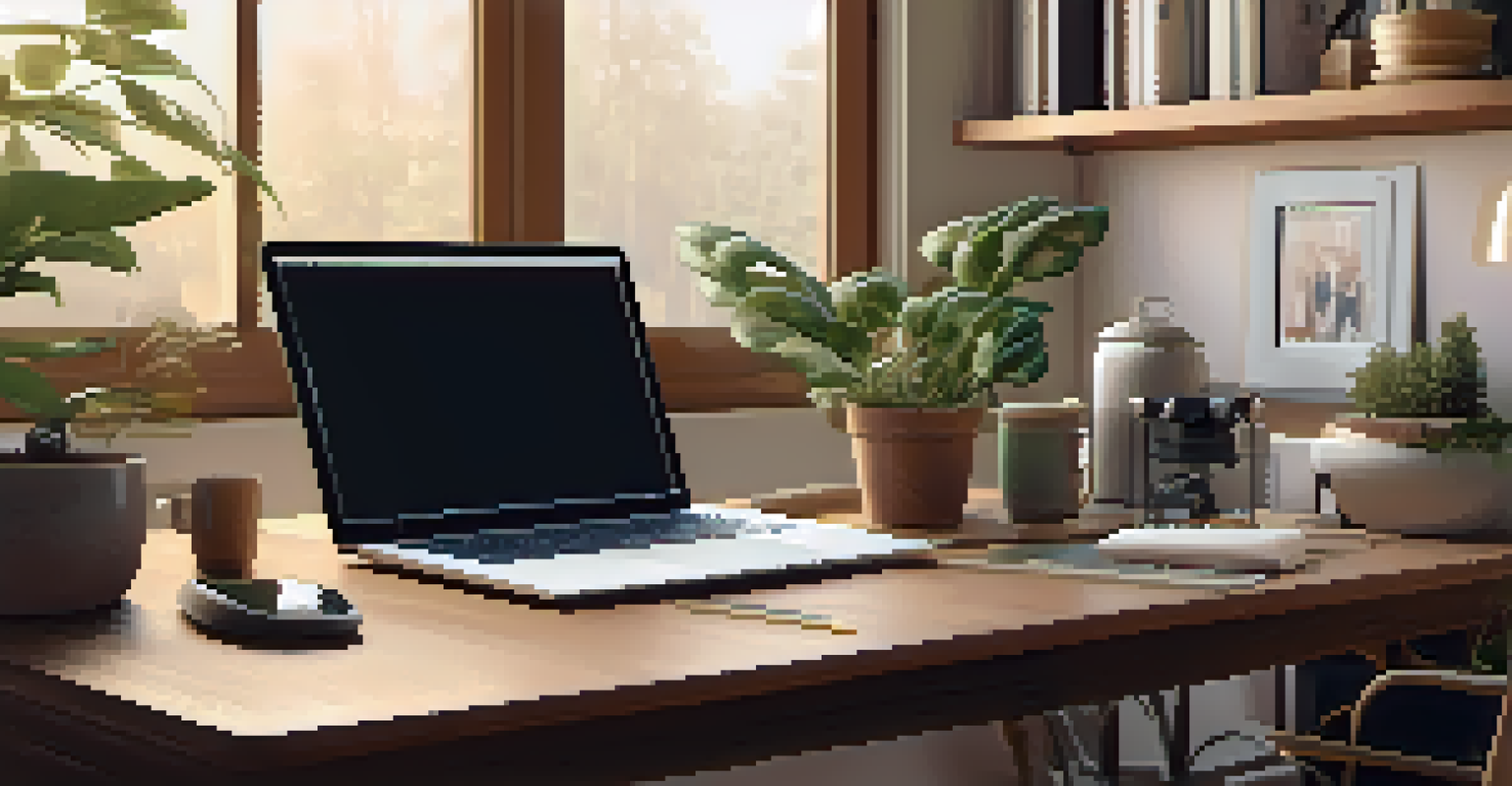 A cozy home office with a laptop, books, and coffee, creating a warm and inviting workspace.