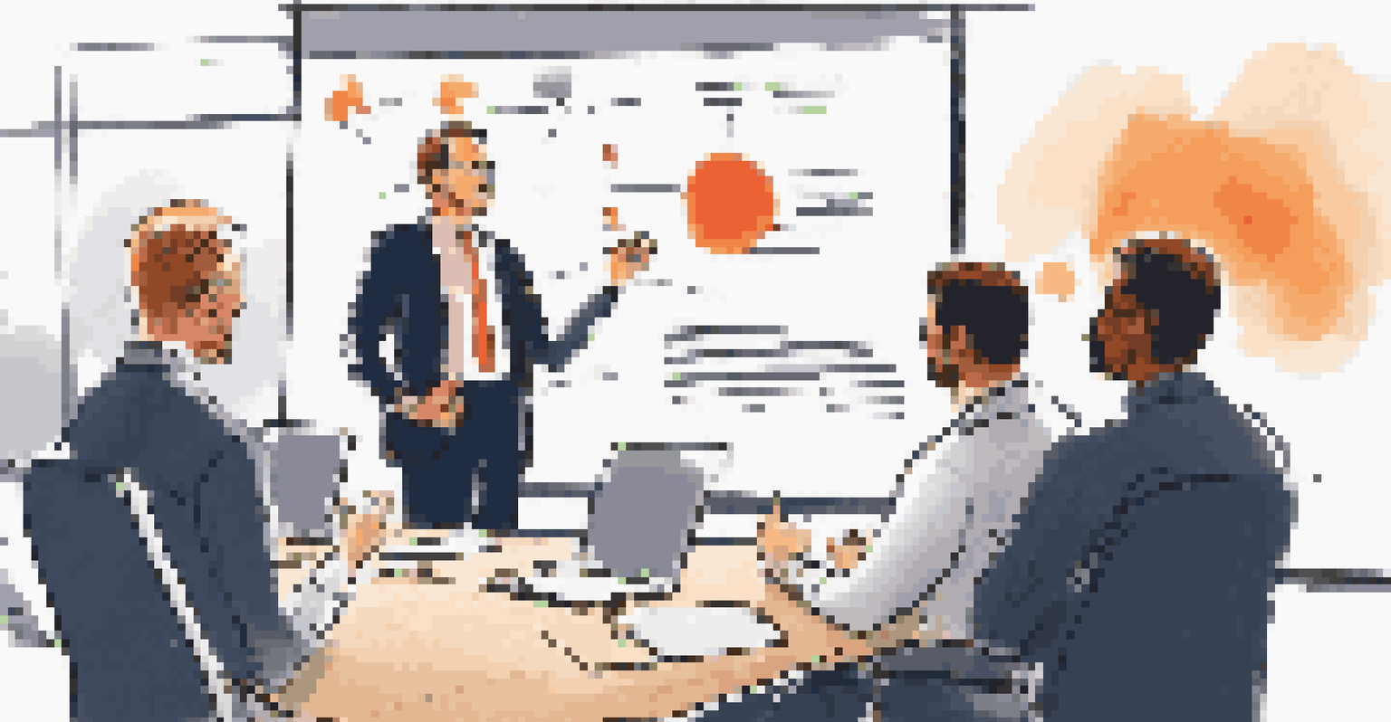 A manager giving feedback to a team during a meeting, with team members showing interest and engagement in a modern office setting.