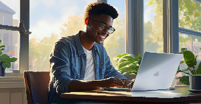 A focused individual at a desk, writing a follow-up email on a laptop, surrounded by plants and coffee.