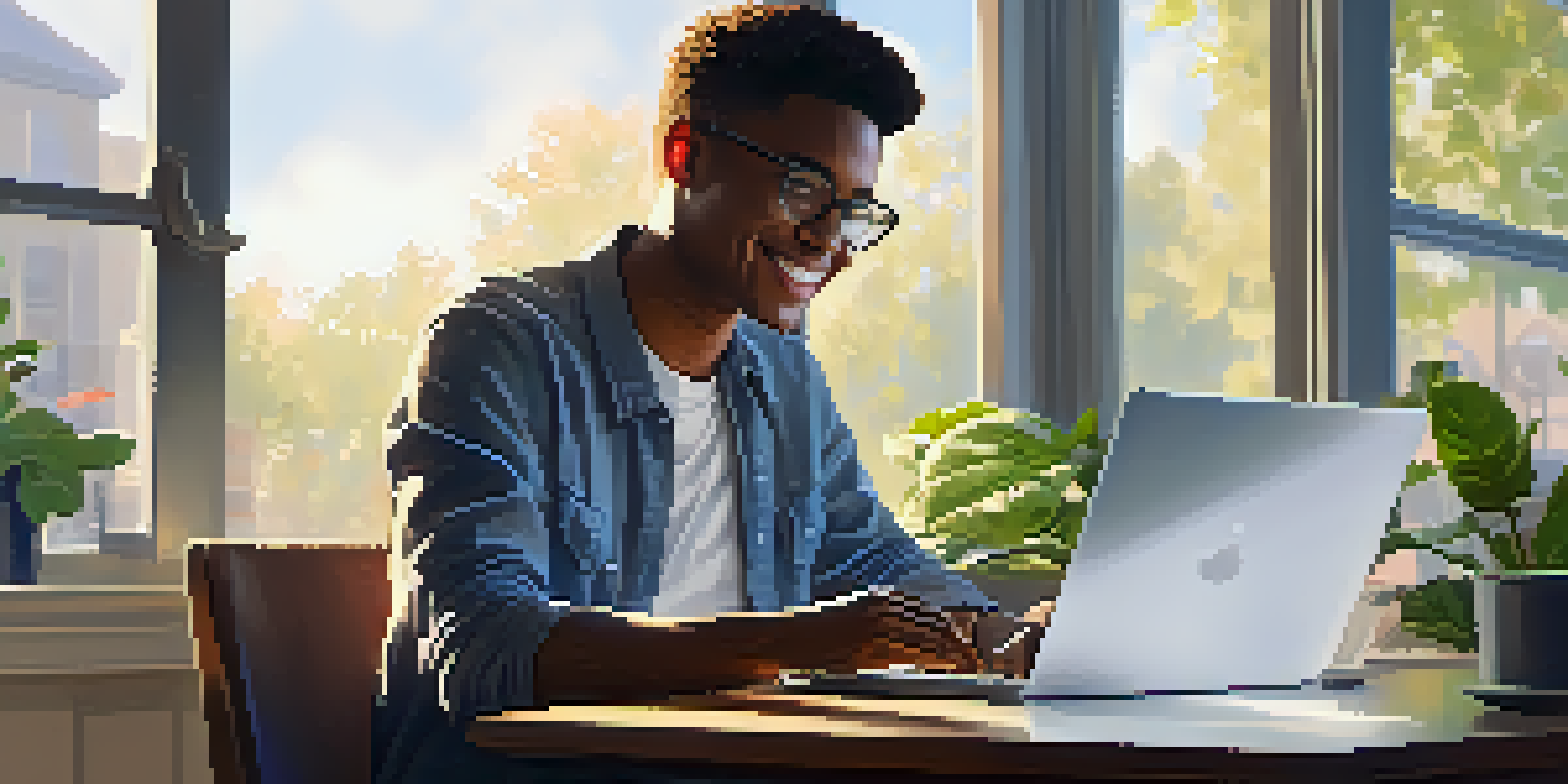 A focused individual at a desk, writing a follow-up email on a laptop, surrounded by plants and coffee.