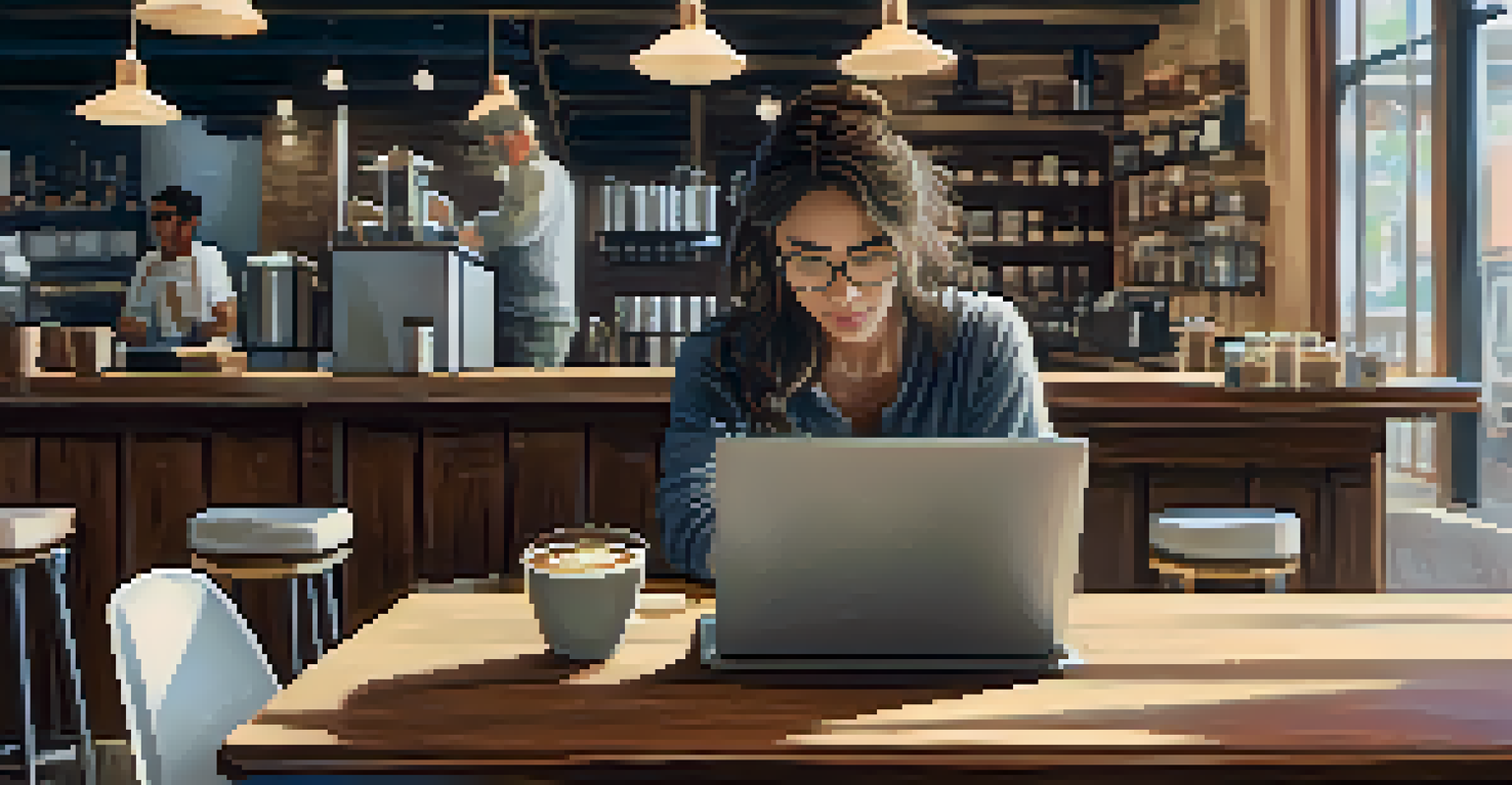 An introvert working on a laptop in a cozy café, engaged in virtual networking with a notebook beside them.