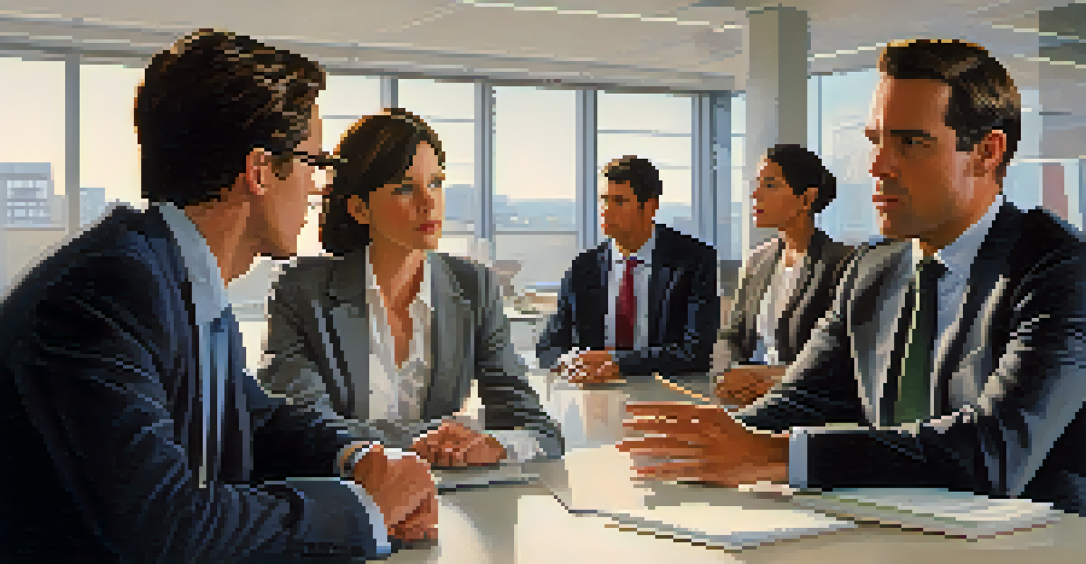 A group of coworkers engaged in a serious conversation in a modern office, showing concern and attentiveness.