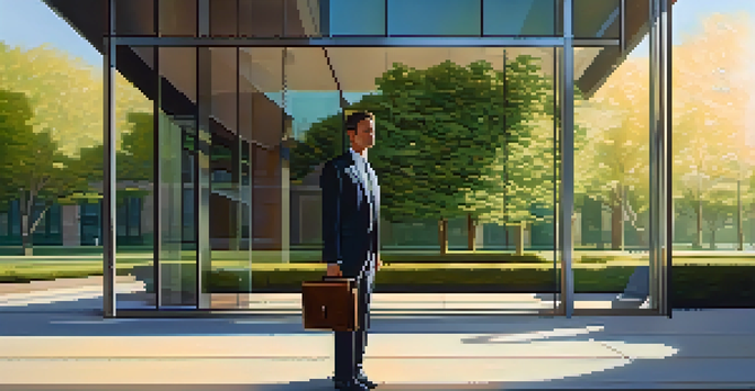 A person in business attire holding a briefcase stands confidently in front of a modern office building, representing a career transition.