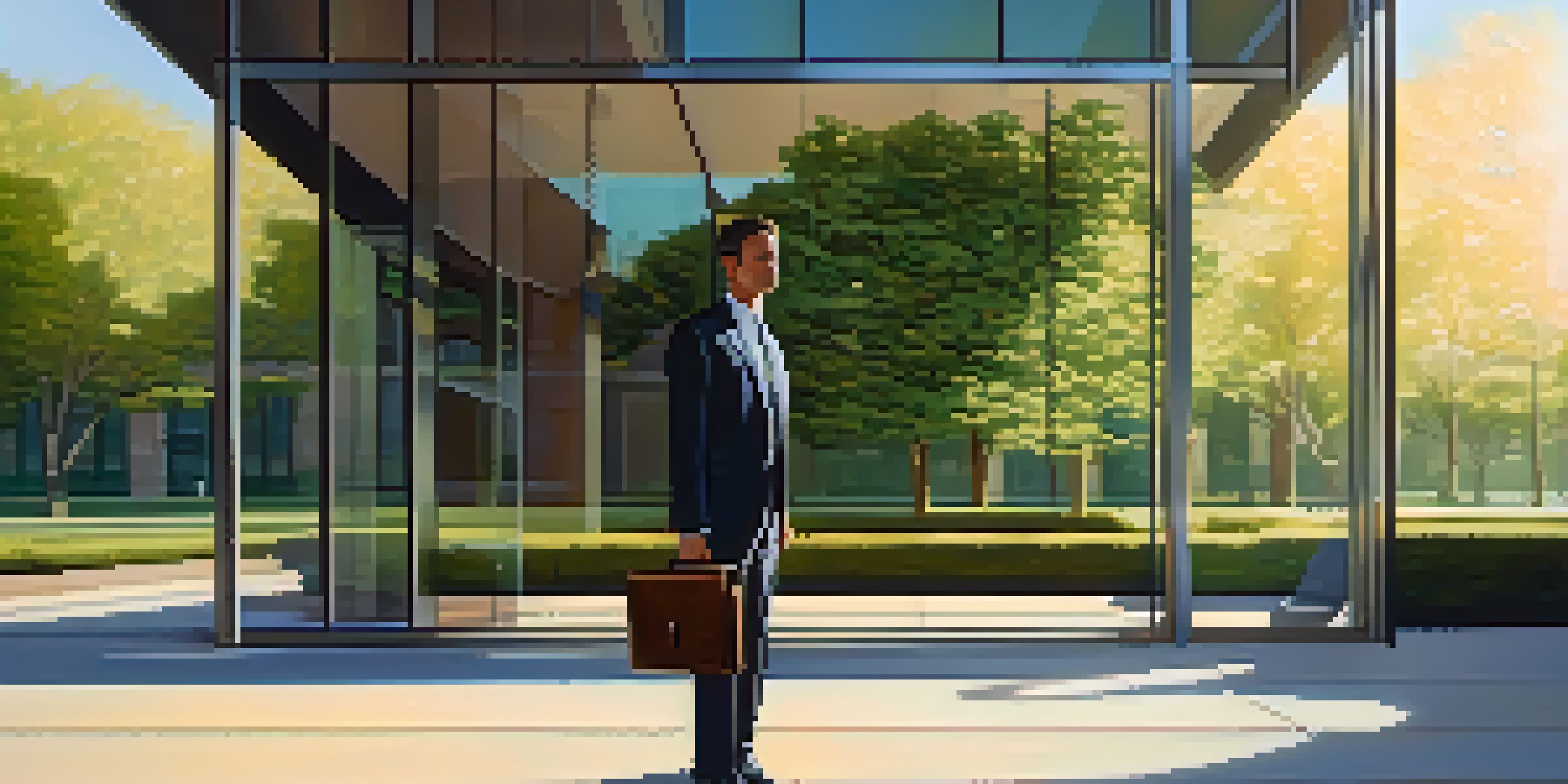 A person in business attire holding a briefcase stands confidently in front of a modern office building, representing a career transition.