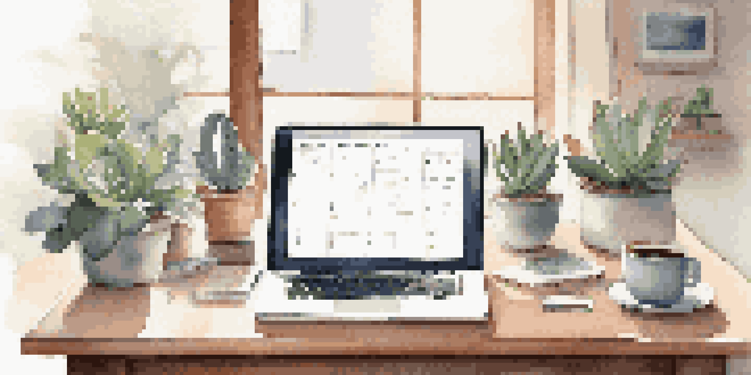 A cozy workspace with a laptop, an open planner showing a job search schedule, and a cup of coffee under natural light from a window.