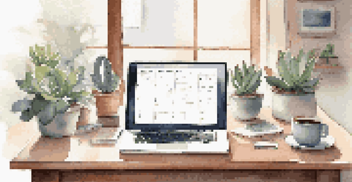 A cozy workspace with a laptop, an open planner showing a job search schedule, and a cup of coffee under natural light from a window.