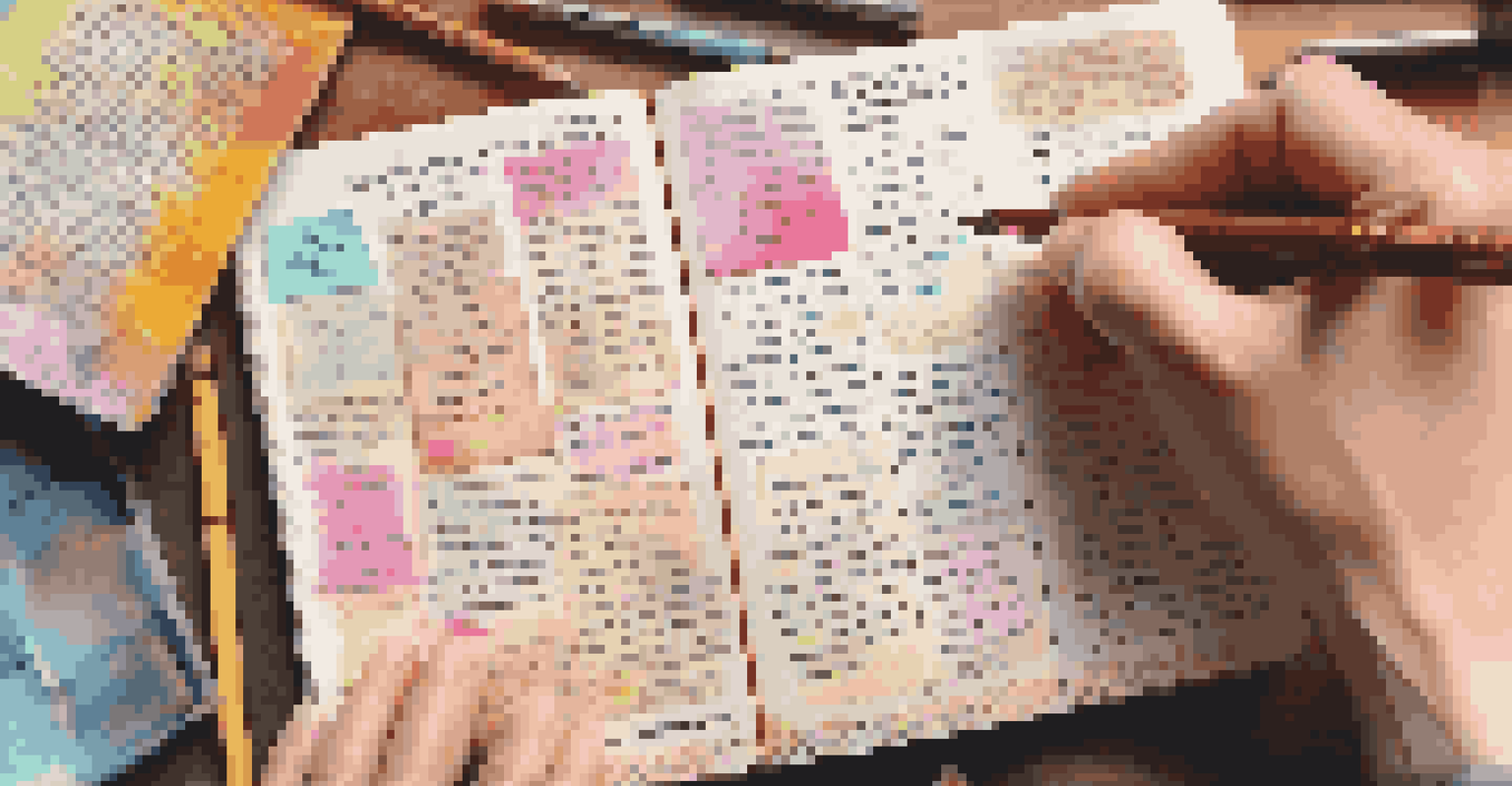 Hands writing in a journal with sticky notes of inspiring quotes in the background.