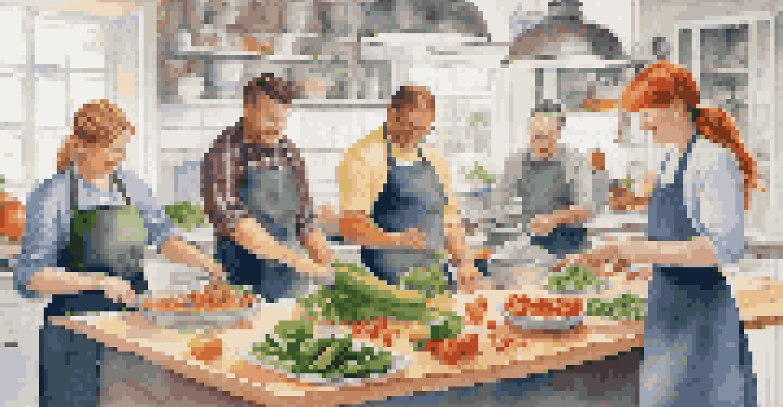 Colleagues participating in a cooking competition in a bright kitchen, collaborating and preparing colorful dishes.