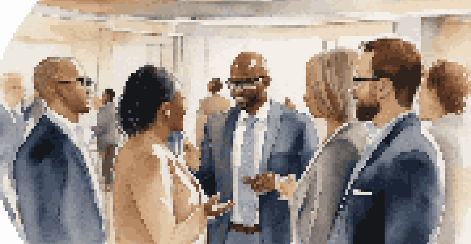 A diverse group of professionals having a conversation at a networking event, showcasing engagement and collaboration.