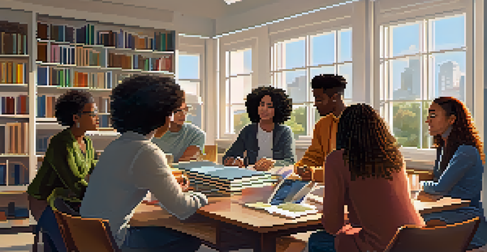 A diverse group of mentors and mentees discussing ideas around a table in a bright and open room, with books and technology present.