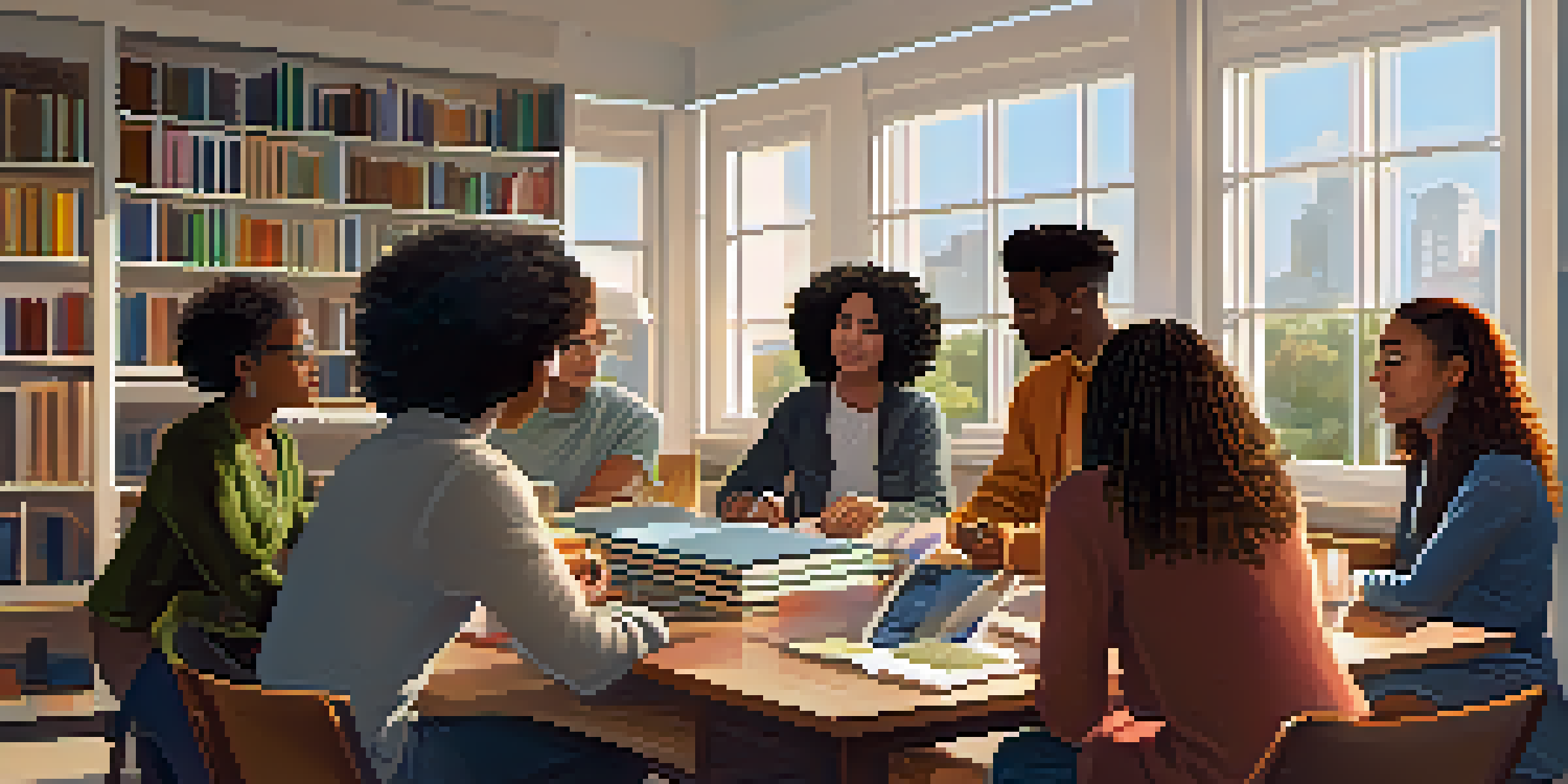 A diverse group of mentors and mentees discussing ideas around a table in a bright and open room, with books and technology present.