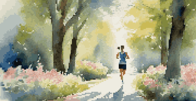 A professional jogging in a peaceful park during morning, surrounded by nature and sunlight.