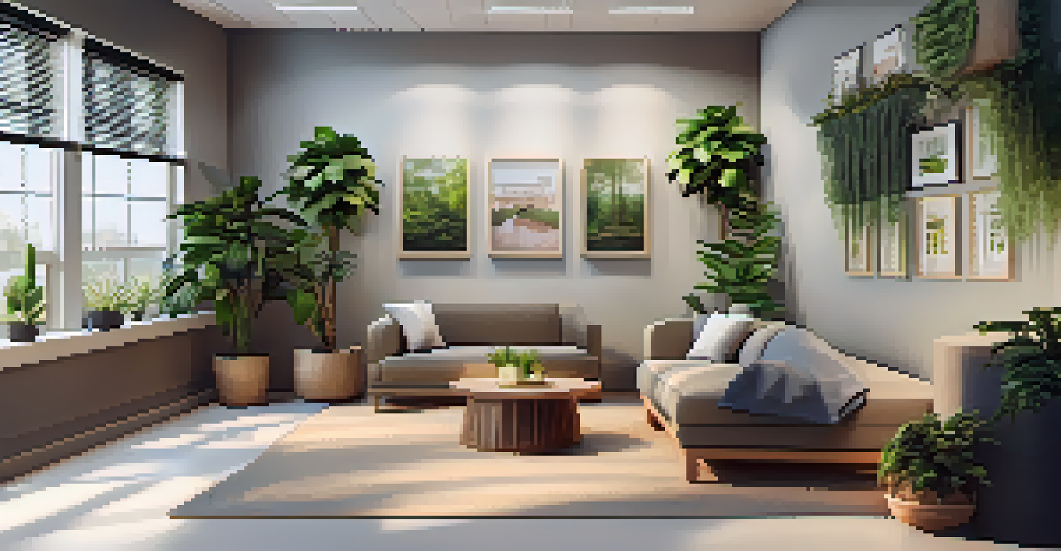 A cozy office corner with comfortable seating, plants, and motivational quotes, designed to encourage informal conversations among employees.