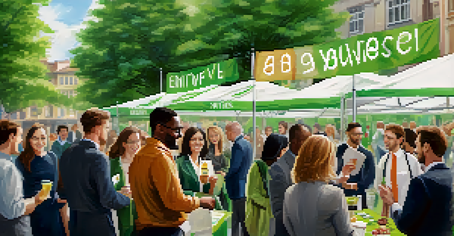 A lively networking event with diverse professionals engaging in discussions about sustainability, surrounded by banners promoting green initiatives.