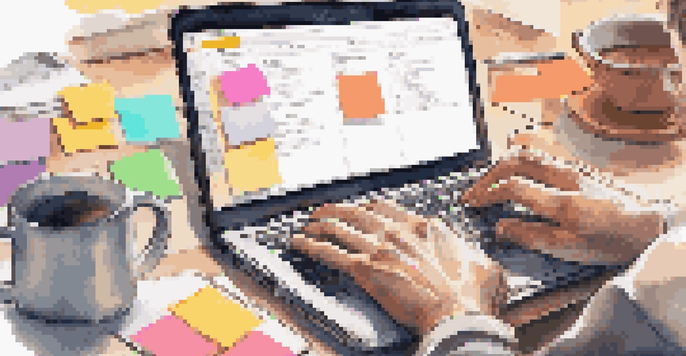 A person typing on a laptop with sticky notes and coffee in a cozy office.