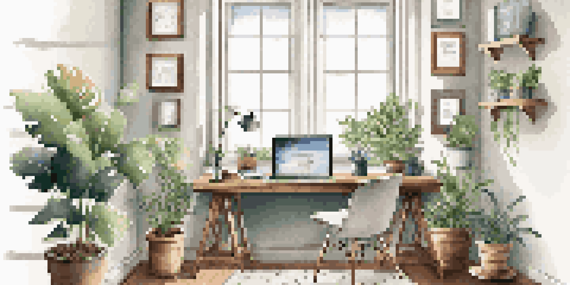A bright and organized home office with a laptop, notebooks, coffee cup, and plants, illuminated by natural light.