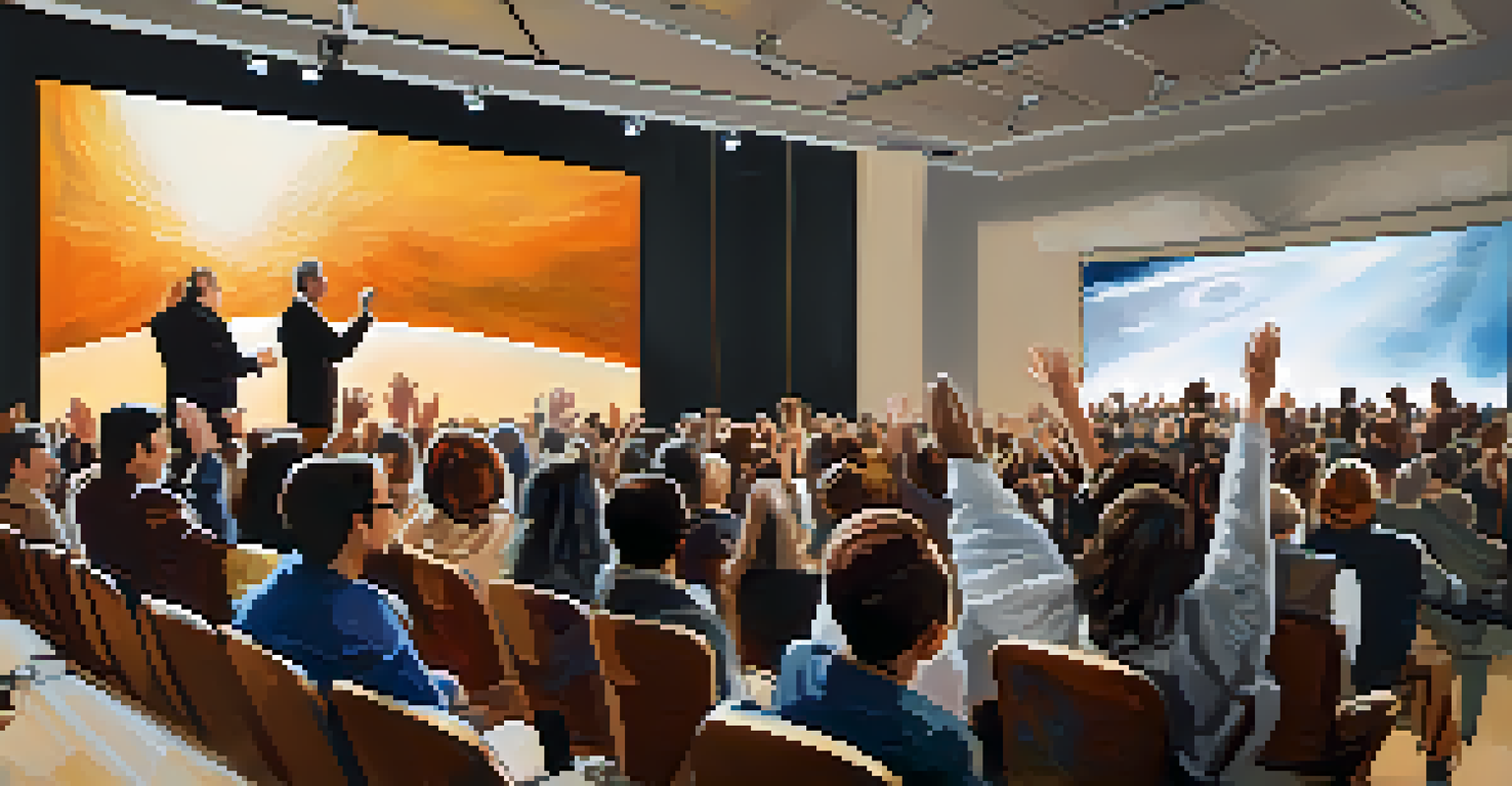 A speaker engaging an audience during a conference with visuals in the background.