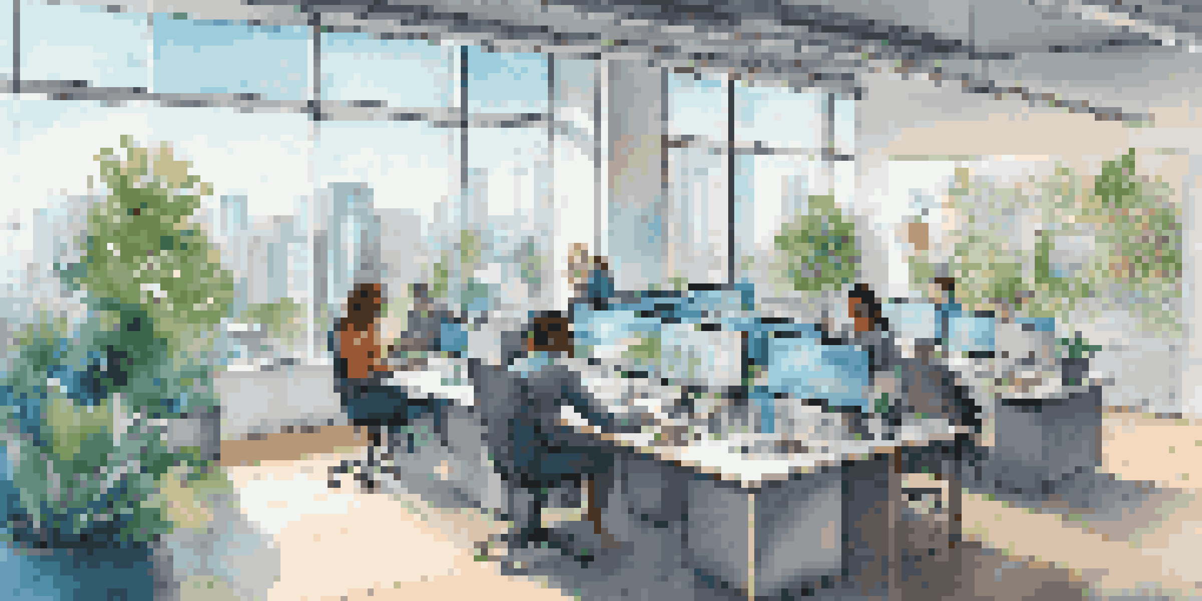 A diverse group of professionals working together in a bright modern office, collaborating on laptops with a city view outside.