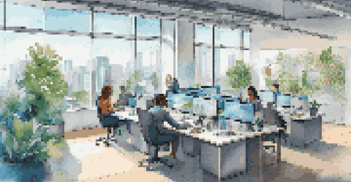 A diverse group of professionals working together in a bright modern office, collaborating on laptops with a city view outside.