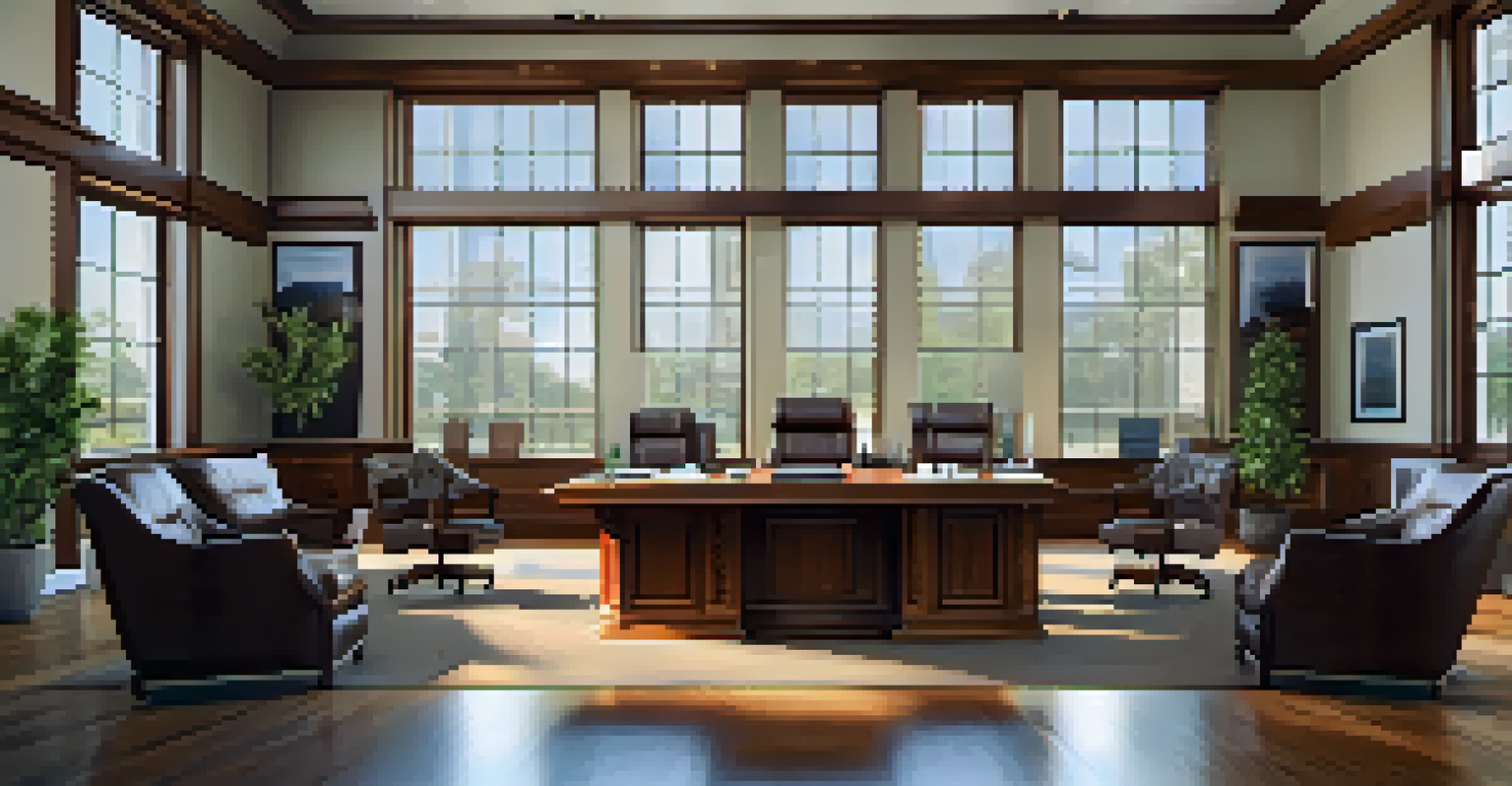 An elegant financial advisor's office with a large conference table, comfortable chairs, and financial books displayed on the wall, illuminated by natural light.