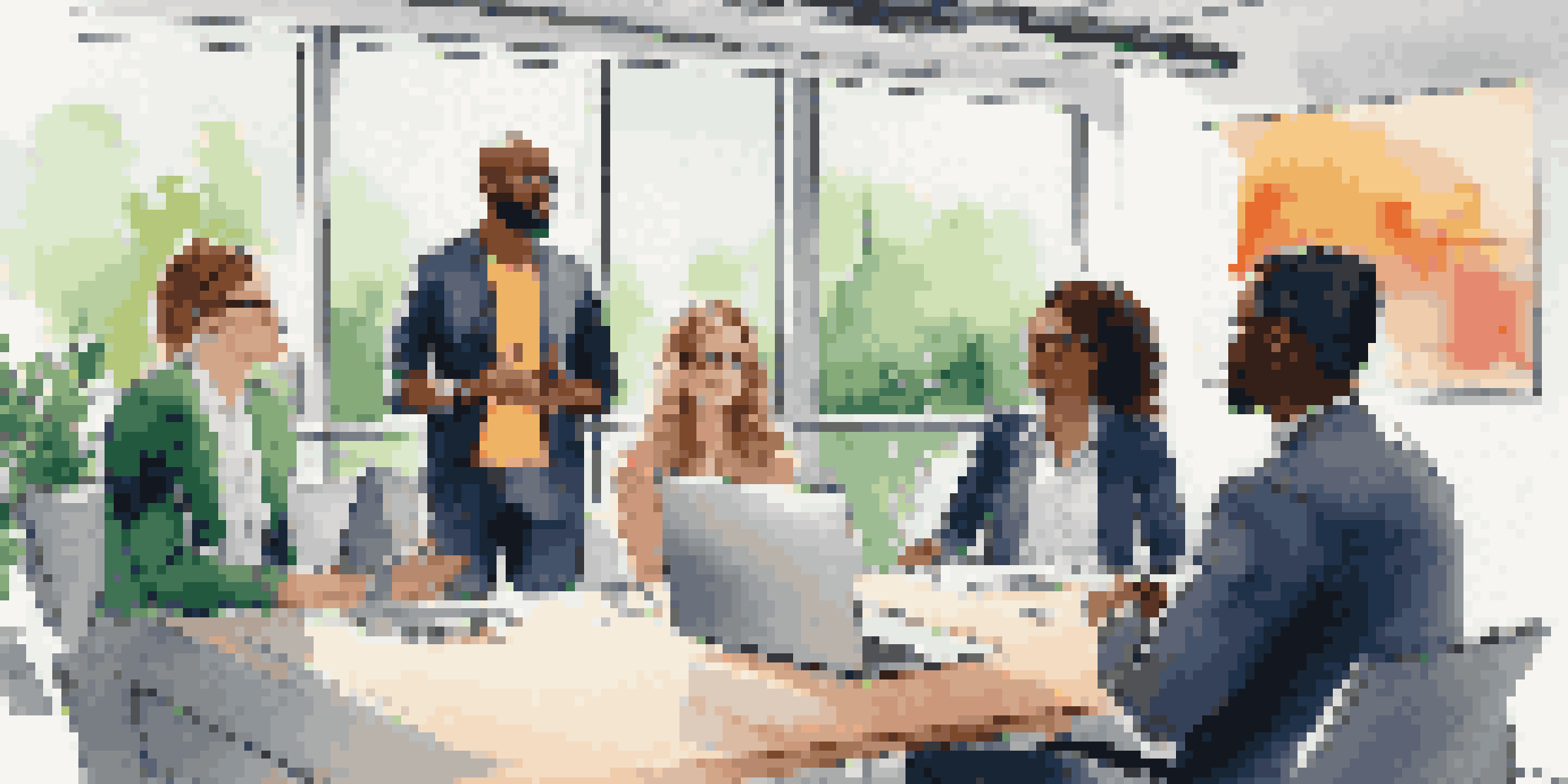 A diverse group of professionals in a modern office, collaborating during a meeting with a woman presenting ideas on a digital screen.