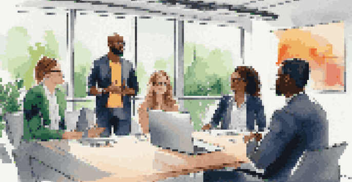 A diverse group of professionals in a modern office, collaborating during a meeting with a woman presenting ideas on a digital screen.