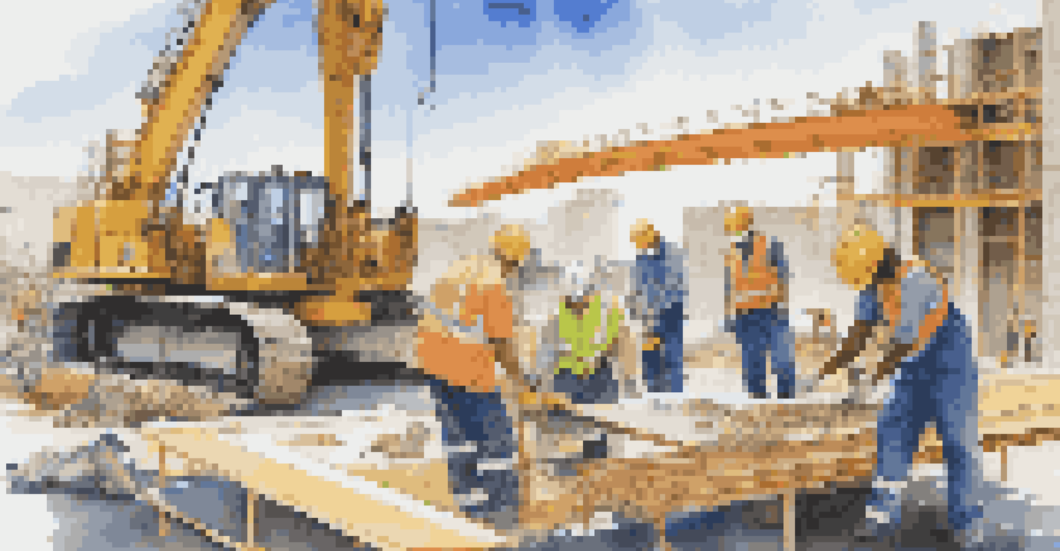 Construction workers in safety gear discussing blueprints at a busy construction site under a clear sky.