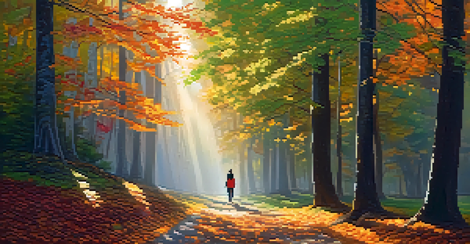 A person practicing mindful walking on a forest path during golden hour, surrounded by colorful autumn leaves and dappled sunlight.