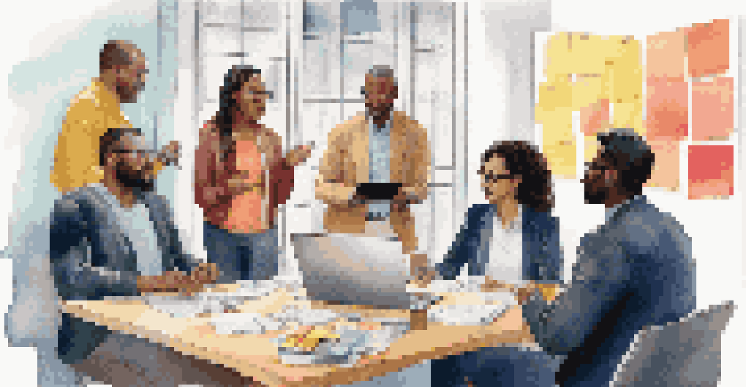 A diverse group of professionals discussing collaboratively at a table with colorful sticky notes and a laptop.