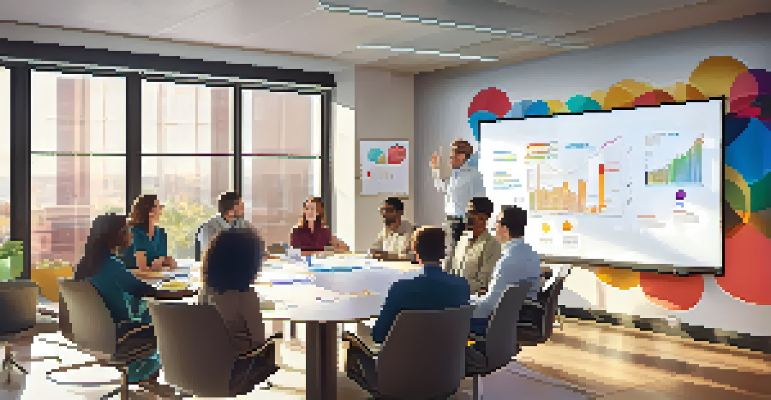 A diverse group of professionals in a meeting room discussing action plans, with a whiteboard in the background.