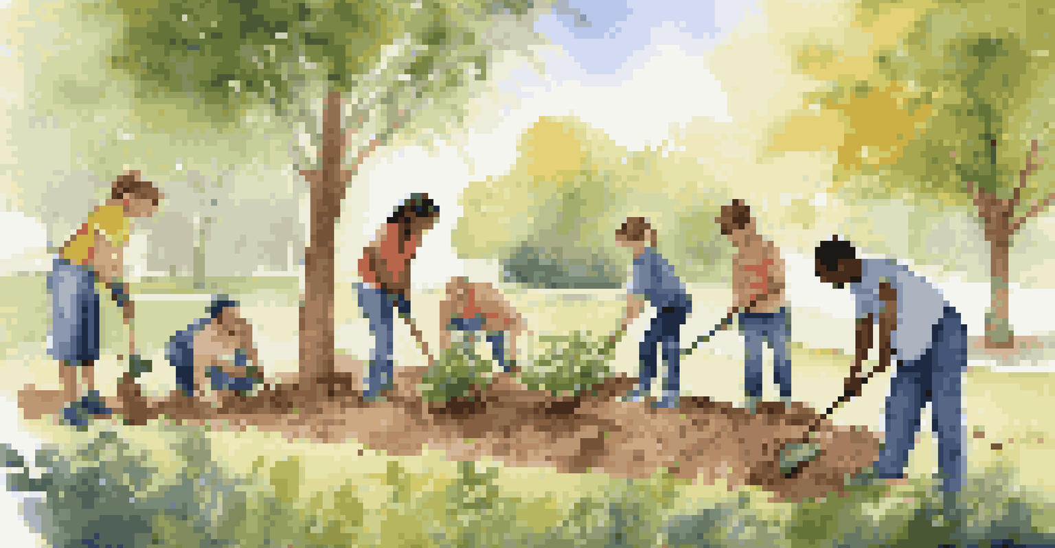 A diverse team planting trees in a community park, smiling and working together under the warm sunlight.