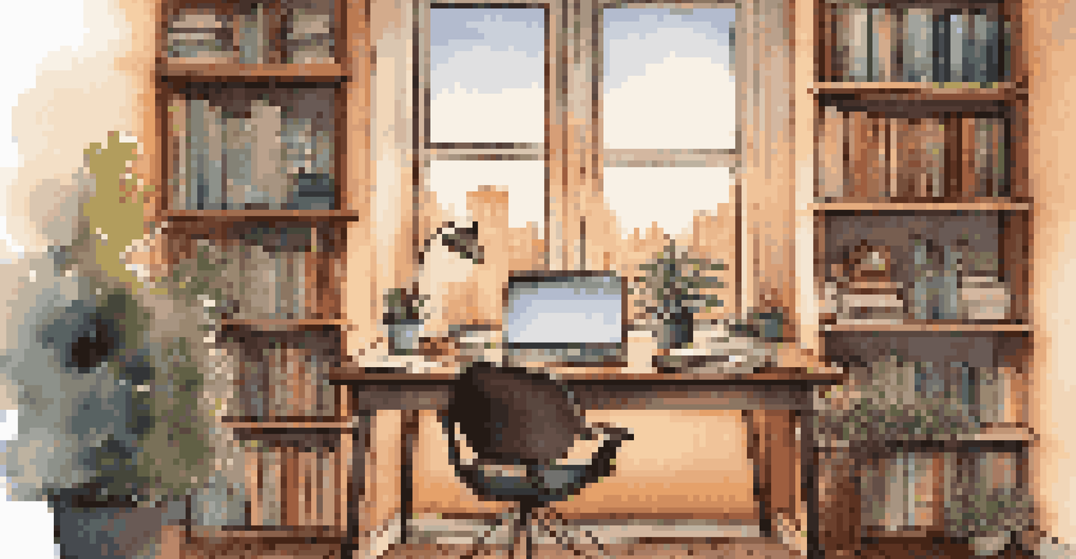 A cozy home office workspace with a desk, laptop, notebooks, and a cityscape view through a large window.