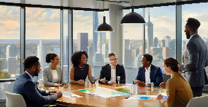 A diverse group of professionals having a discussion at a conference table, with a city skyline visible through a window.