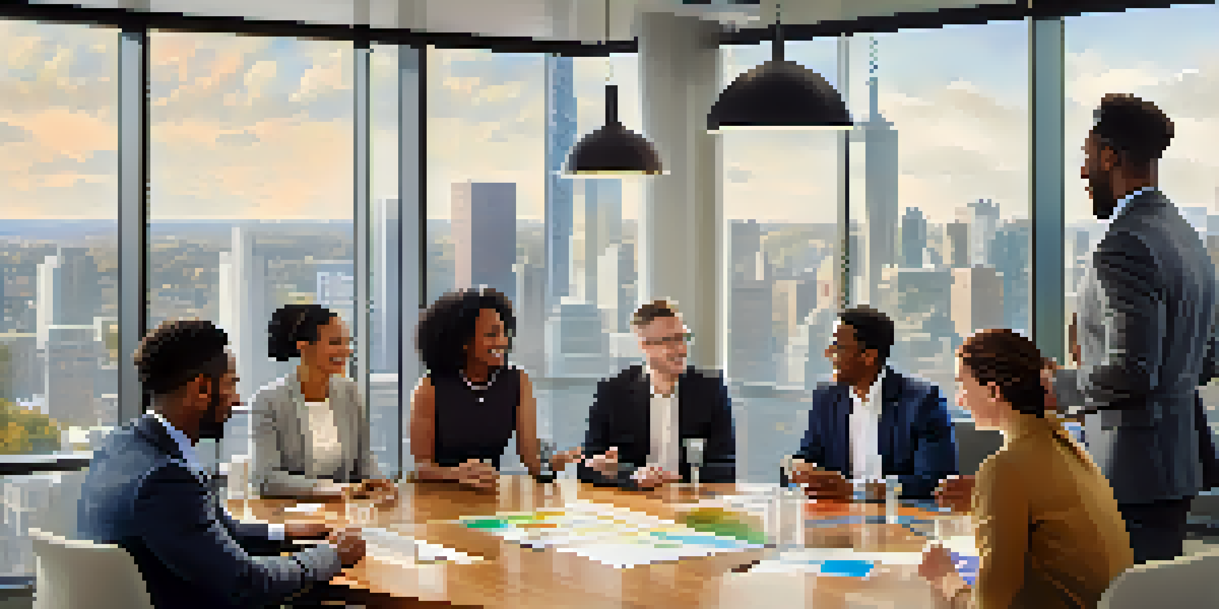 A diverse group of professionals having a discussion at a conference table, with a city skyline visible through a window.