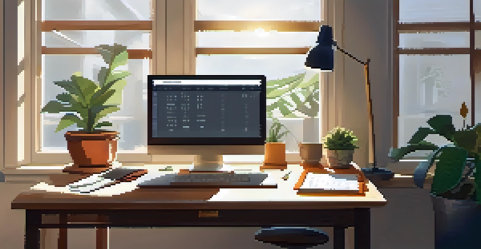 A bright and organized workspace with a laptop, a calendar, and a potted plant, illuminated by sunlight from a window.