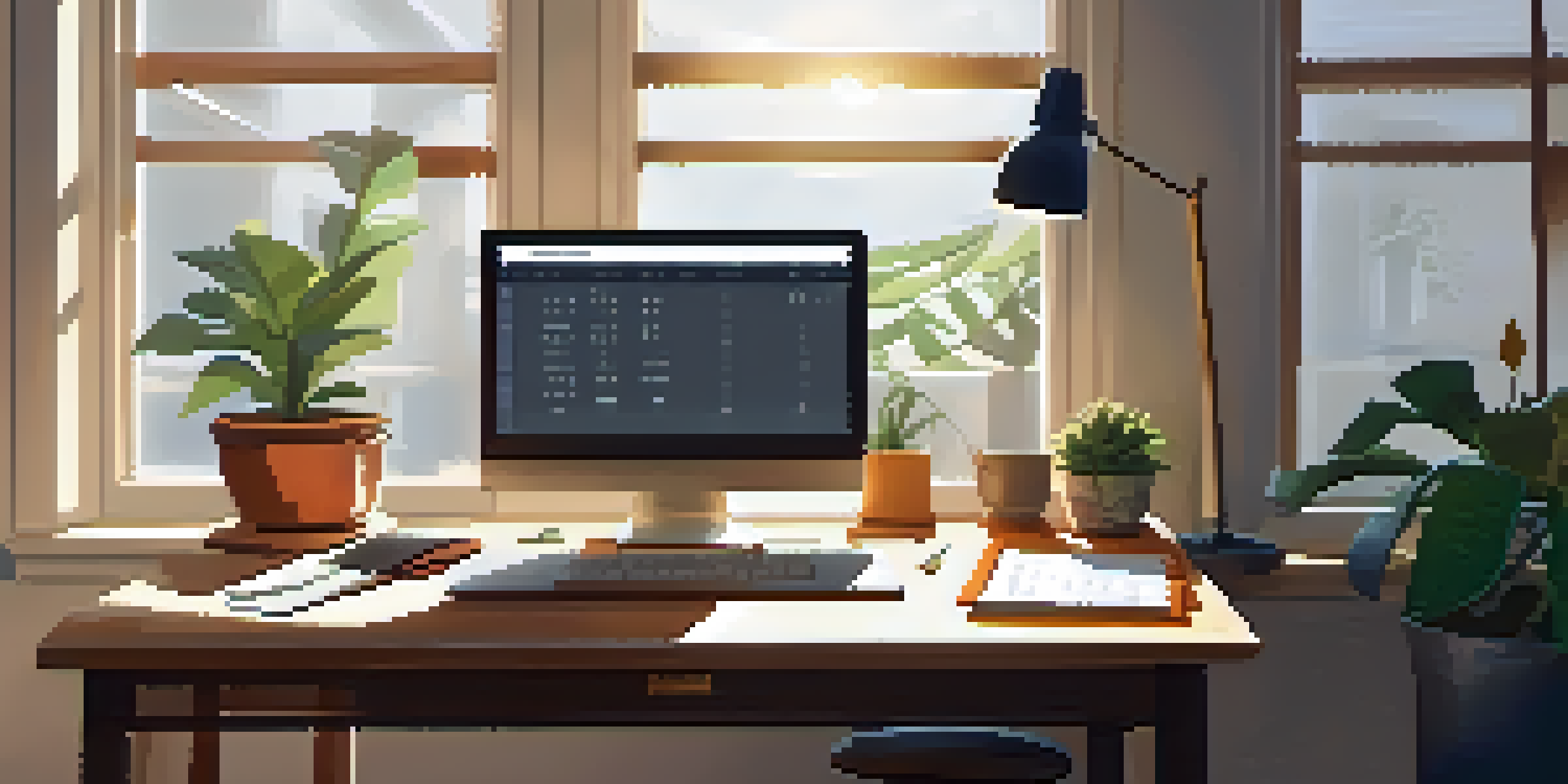 A bright and organized workspace with a laptop, a calendar, and a potted plant, illuminated by sunlight from a window.