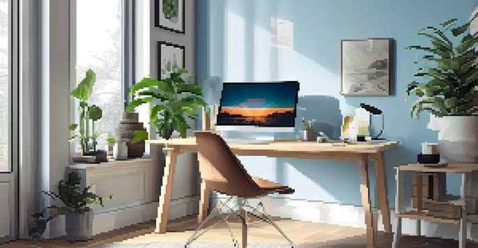 A bright and modern home office with a desk, laptop, and plants, showcasing a productive workspace.