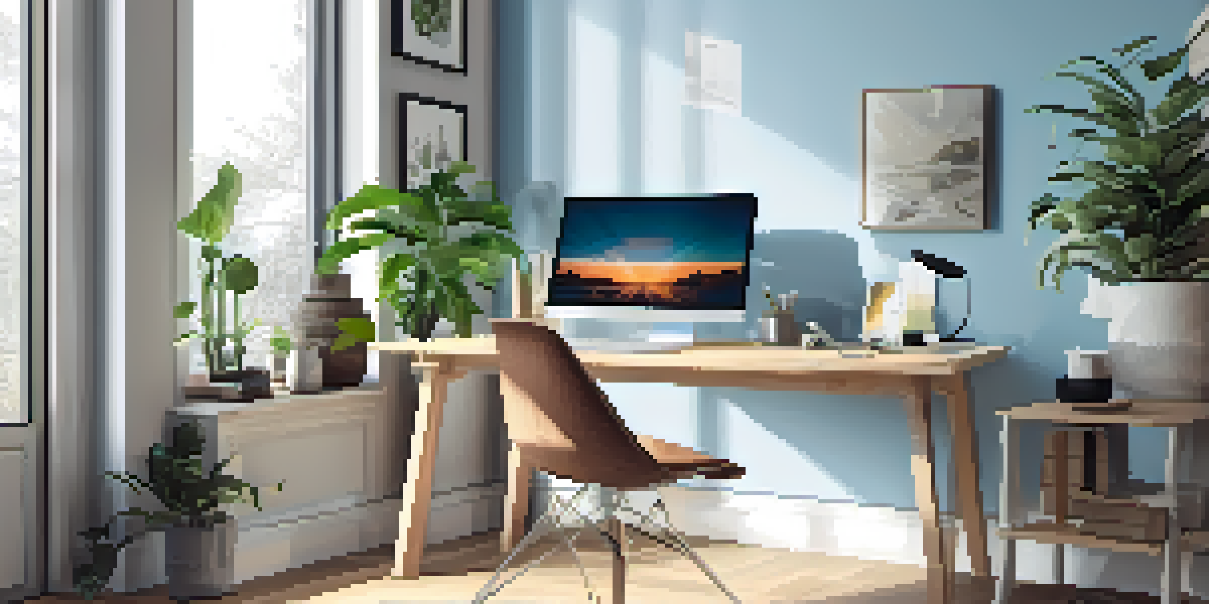 A bright and modern home office with a desk, laptop, and plants, showcasing a productive workspace.