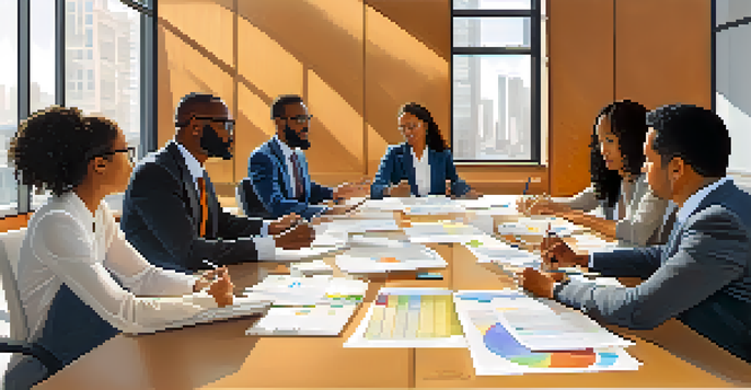 A diverse group of professionals engaged in a collaborative discussion around a conference table in a well-lit room.