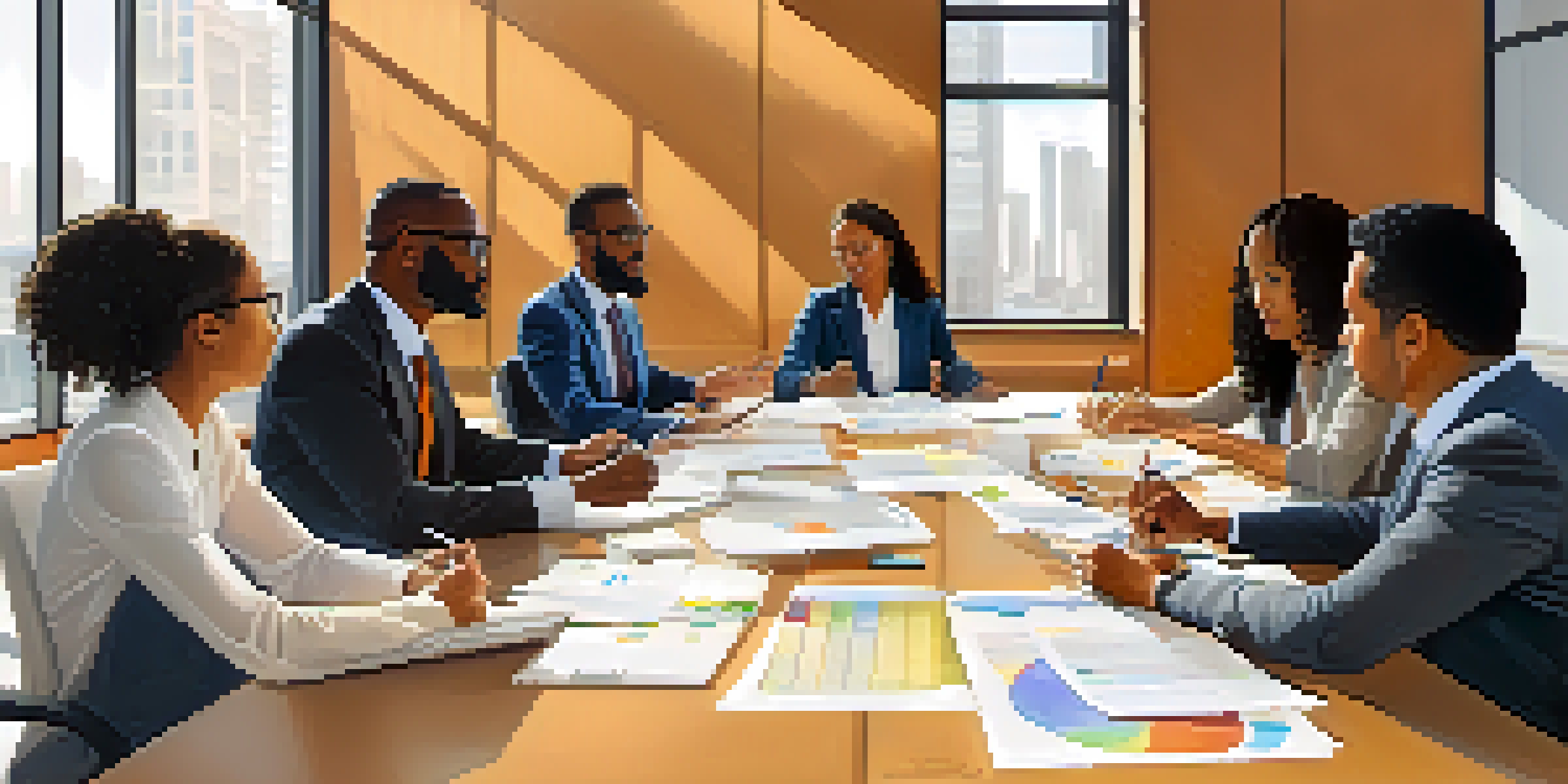 A diverse group of professionals engaged in a collaborative discussion around a conference table in a well-lit room.