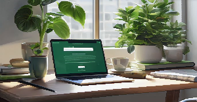 A bright office with a wooden desk, laptop, coffee cup, notepad, and green plants, conveying a sense of calm and inspiration.