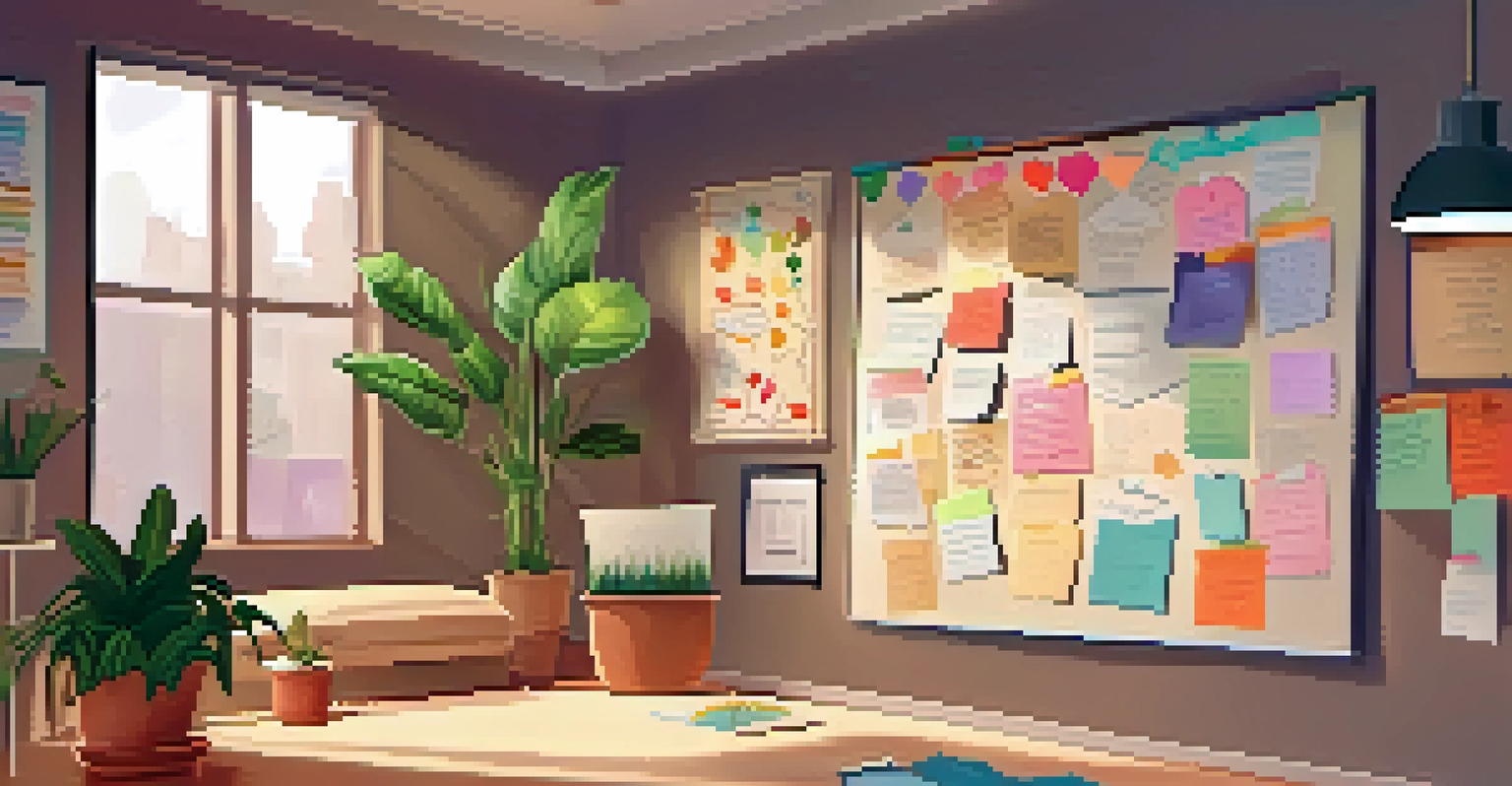 A gratitude board filled with colorful thank-you notes in a cozy office corner, showcasing appreciation and positivity.